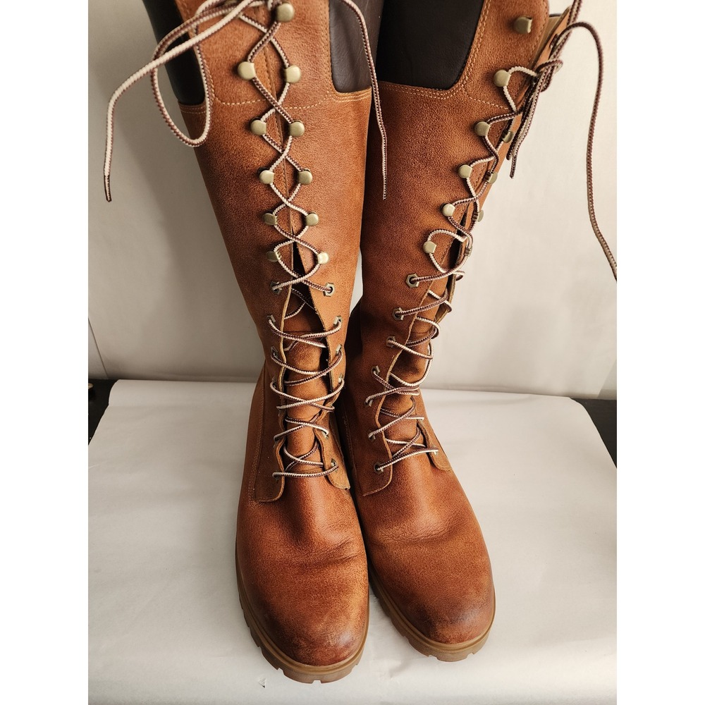 Timberland Womens 11 Waterproof Tall Lace Up Leather Boots Tan Brown 3756R